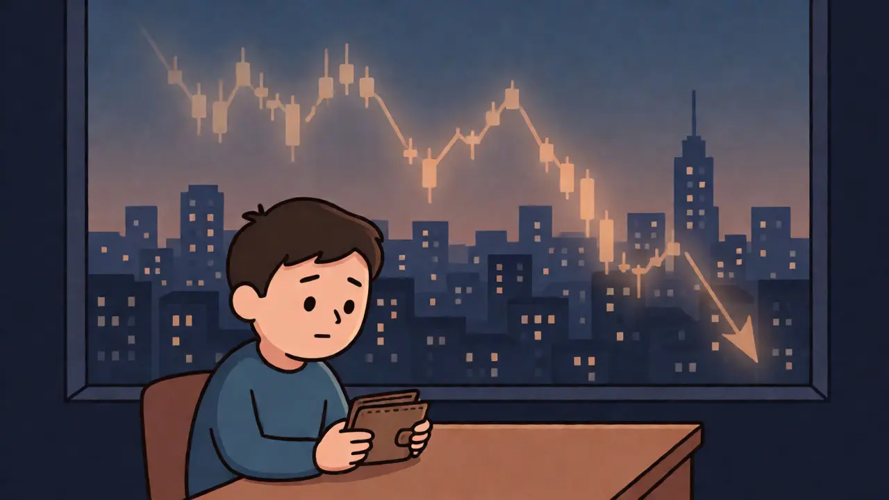 A person reflecting on a crypto wallet as market activity fades into twilight.