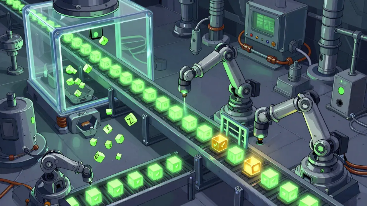 An illustrated assembly line where robotic arms stamp and scan data cubes to find a valid match.