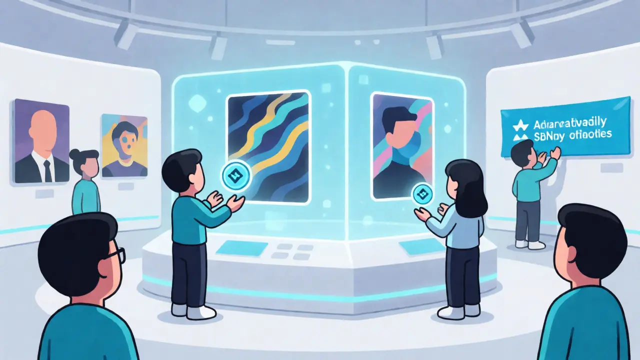 Avatars interacting in a virtual reality NFT marketplace using digital tokens.