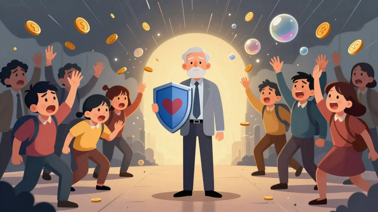 Calm cartoon investor shielding self from chaotic market emotions