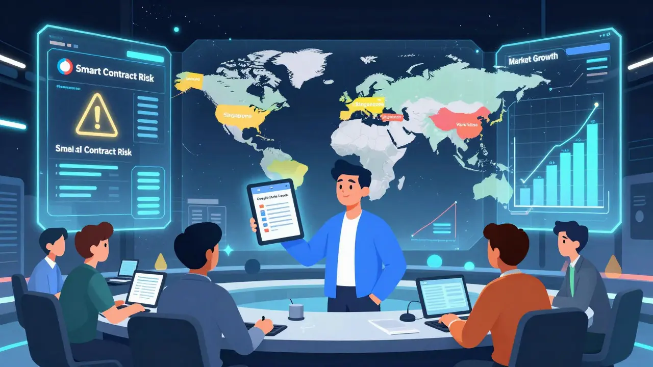 Cartoon analysts monitoring global regulatory maps and risk metrics on holograms