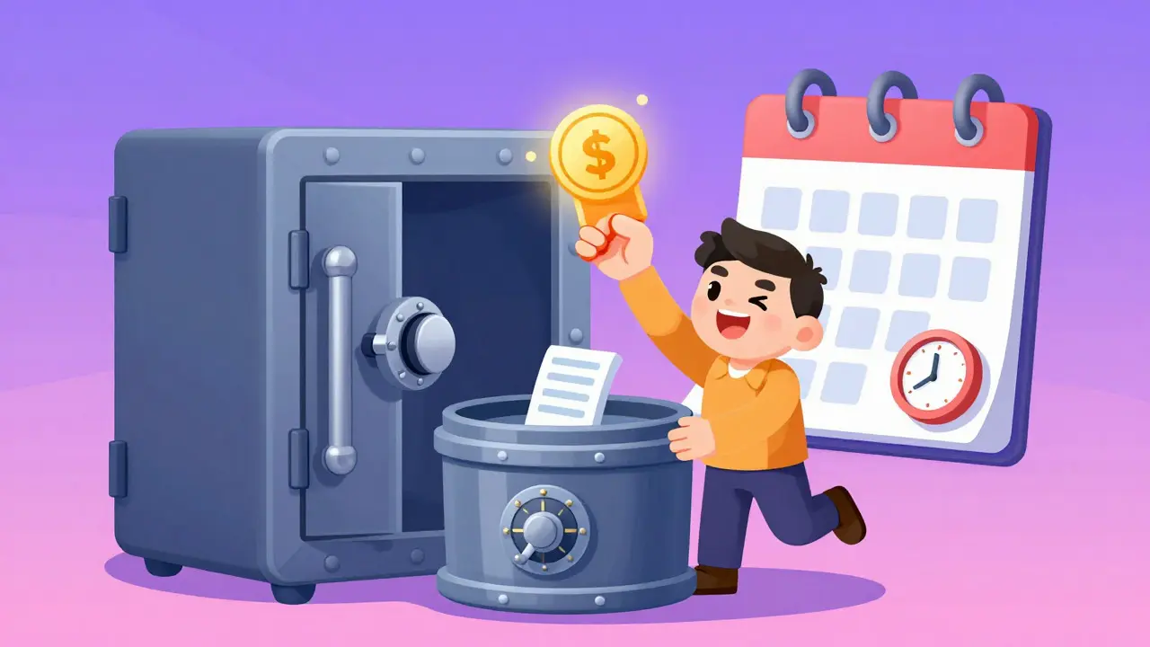 Cartoon character safely transferring a claimed token into a secure vault