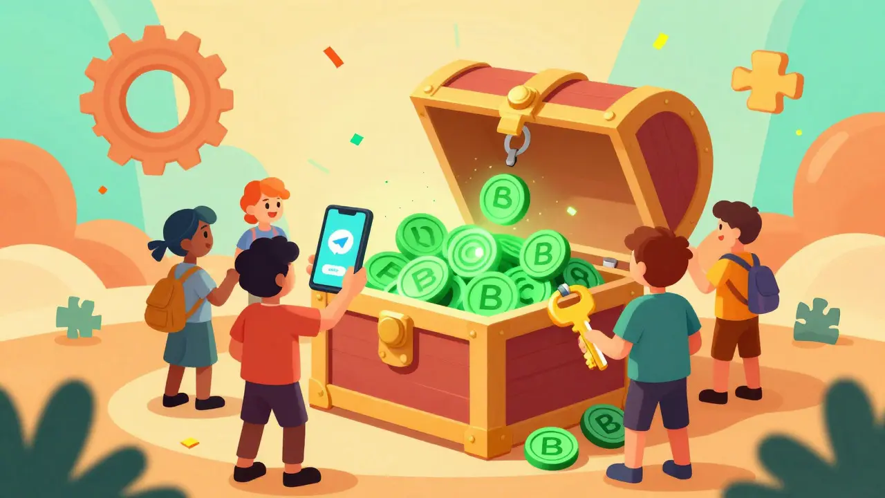 Cartoon characters celebrating an open chest full of tokens, symbolizing a successful airdrop claim