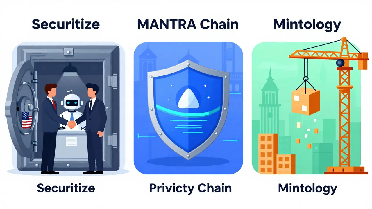 Cartoon comparison of Securitize, MANTRA Chain, and Mintology platform features