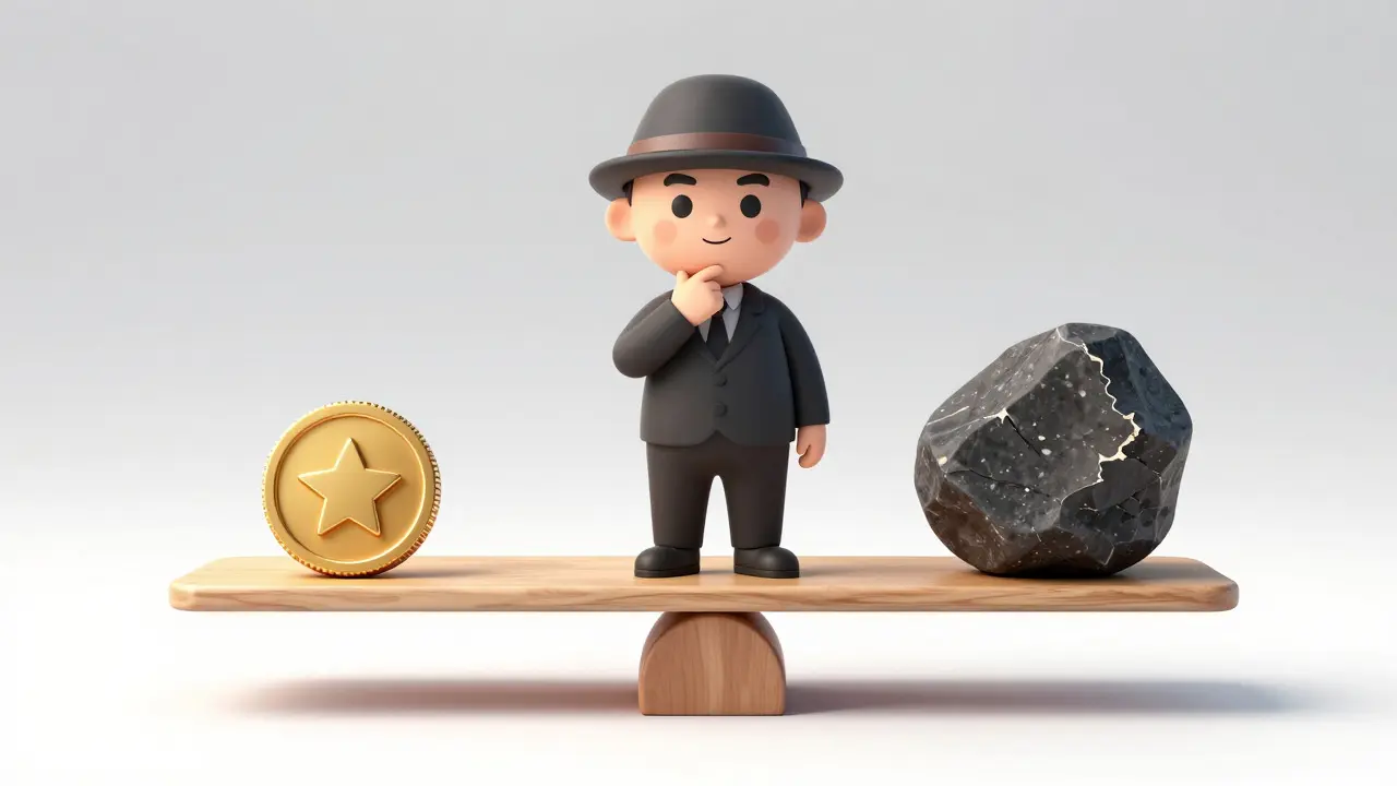 Cartoon depiction of a balance scale weighing a gold coin against a heavy stone, representing risk