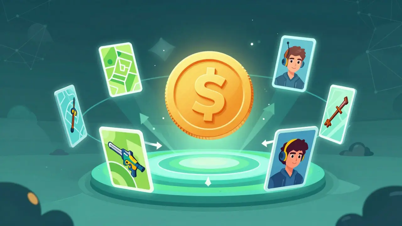 Cartoon depiction of a crypto marketplace with orbiting game asset cards