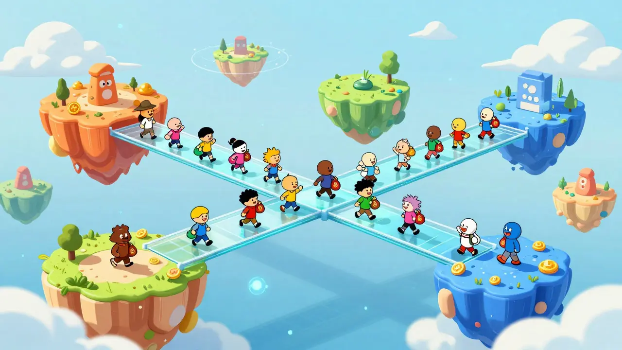 Cartoon depiction of a glass bridge connecting colorful blockchain islands, symbolizing seamless cross-chain trading.