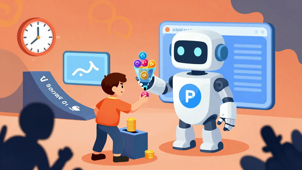 Cartoon figure interacting with a robot interface during a token sale with risk symbols