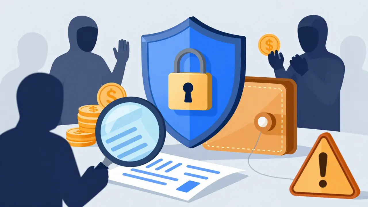 Cartoon illustration of security shield and fee analysis
