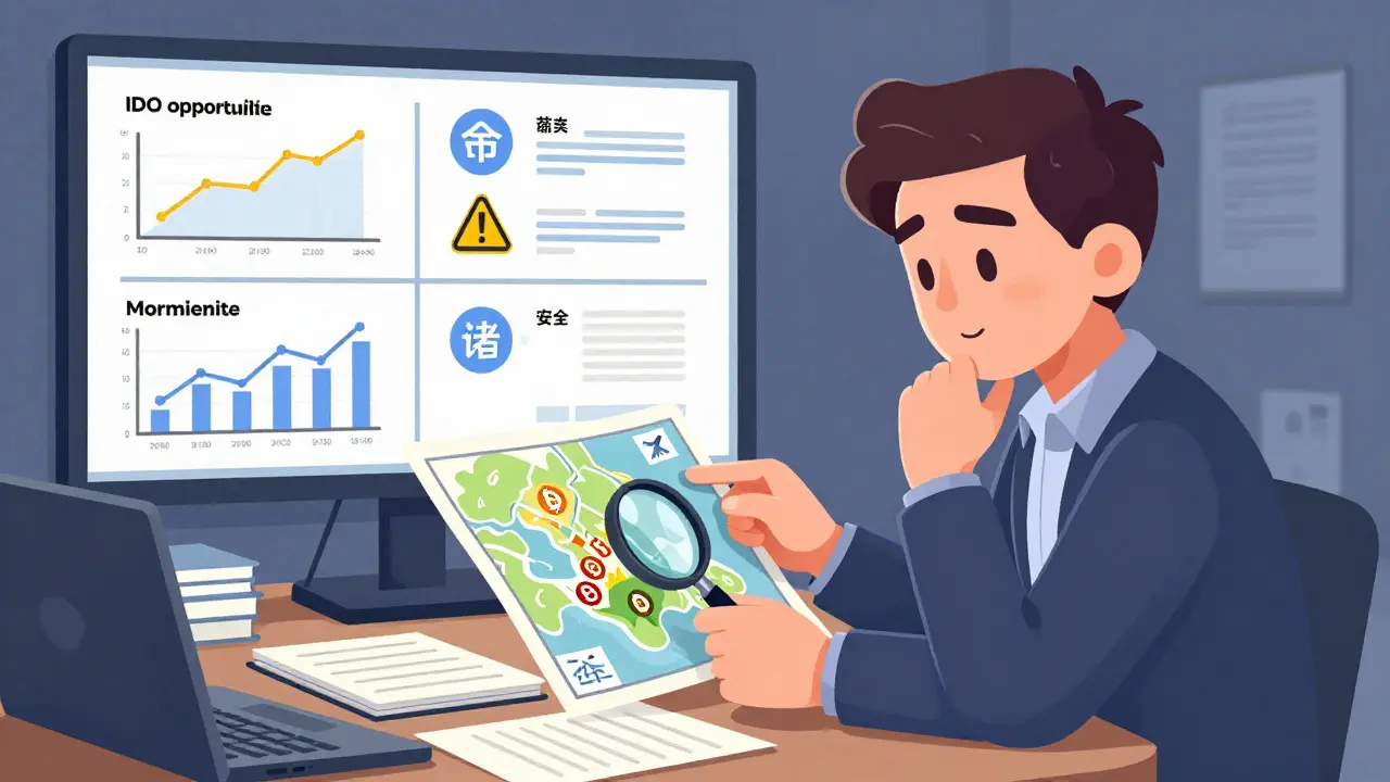 Cartoon investor analyzing crypto strategy at a desk with maps and warning signs