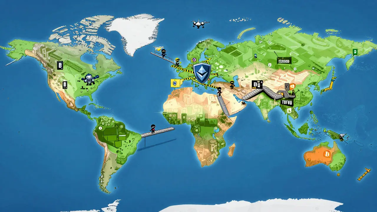 Cartoon map showing blockchain islands with TRON under heavy enforcement