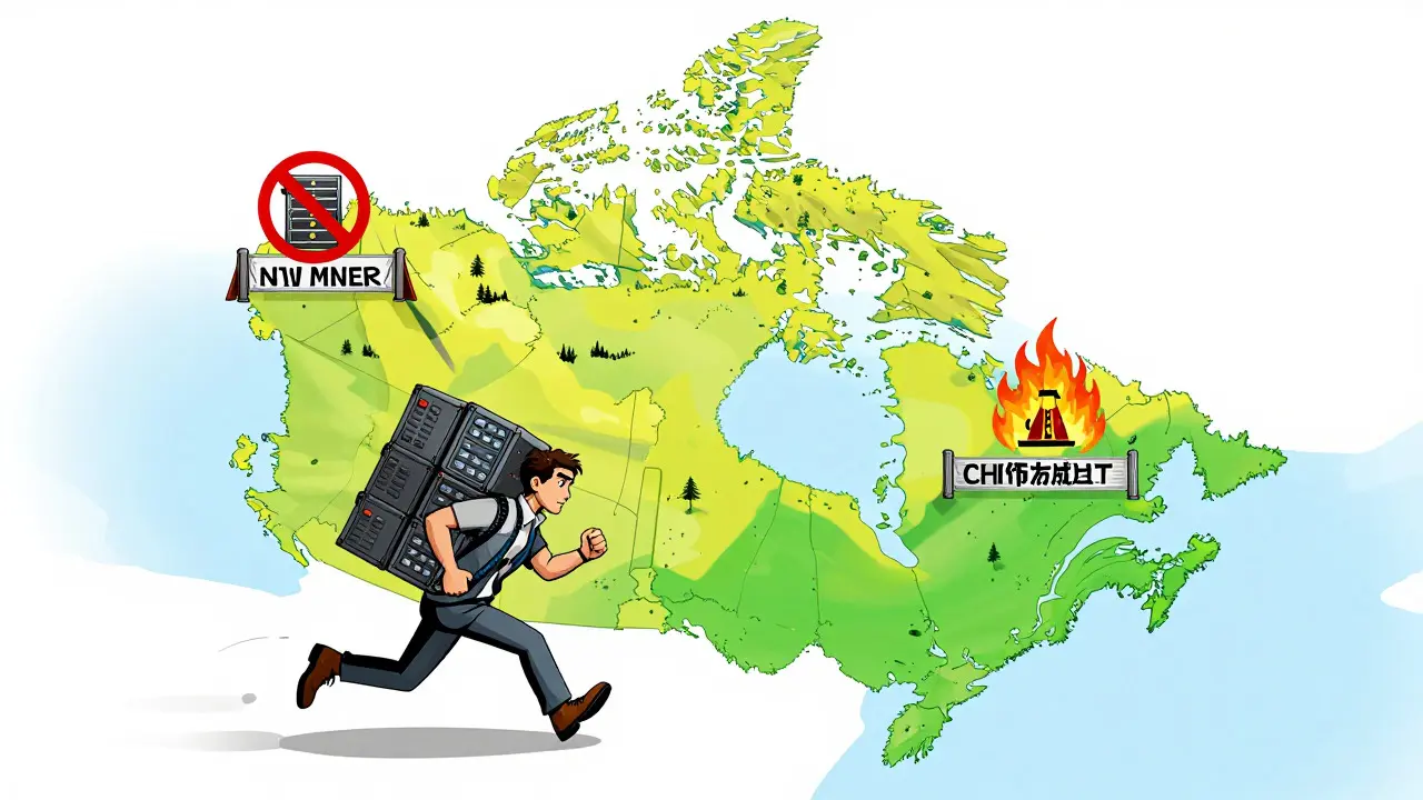 Cartoon of miners fleeing NB bans for favorable Alberta markets