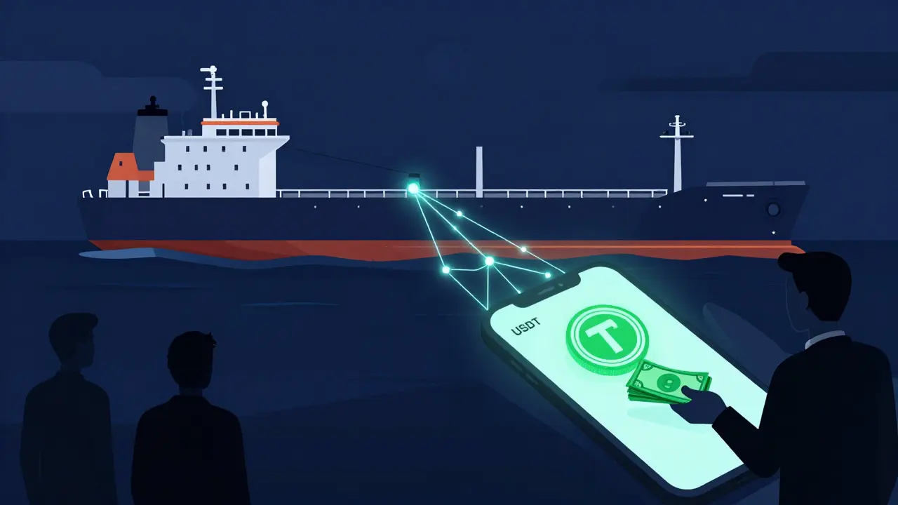 Cartoon of oil tankers transferring cargo while connected to USDT digital payment networks