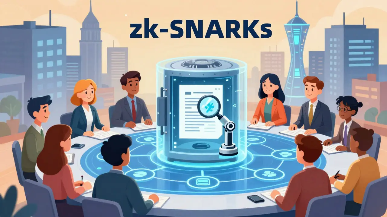 Cartoon professionals around a holographic table with a secure vault, showing enterprise zk-SNARK use