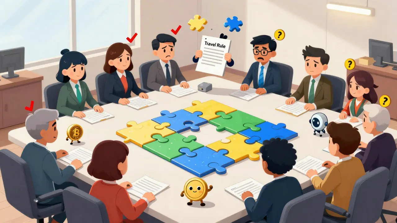 Cartoon regulators at a table with incomplete puzzle pieces for compliance