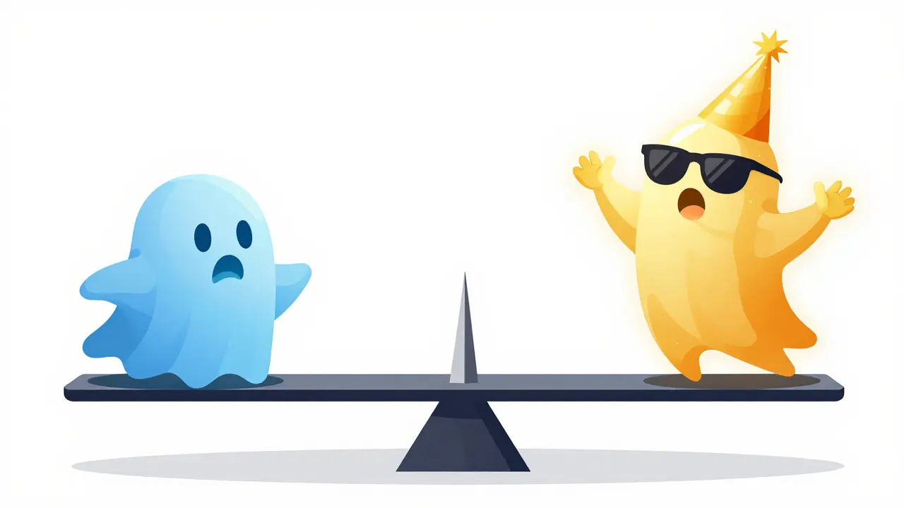 Cartoon scale balancing blue fear ghost against golden greed figure