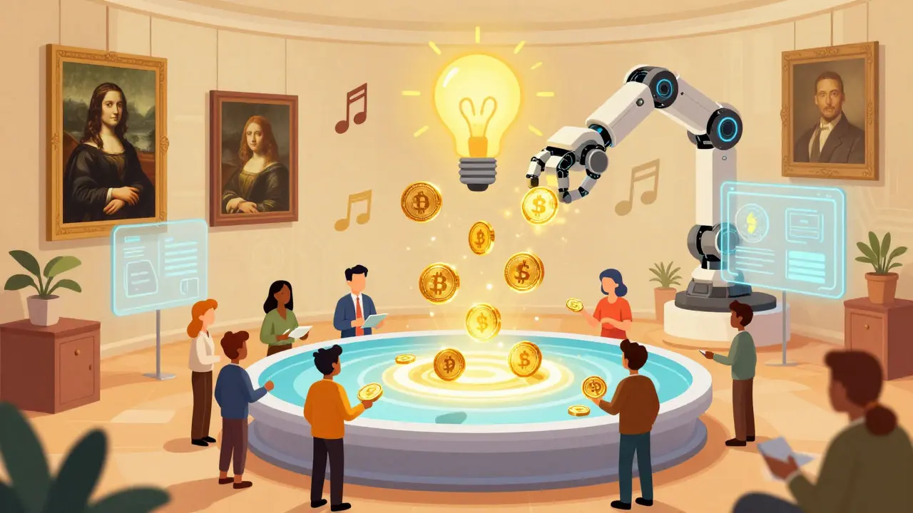 Cartoon scene of an artist's work and ideas being converted into golden digital tokens in a futuristic trading pool.