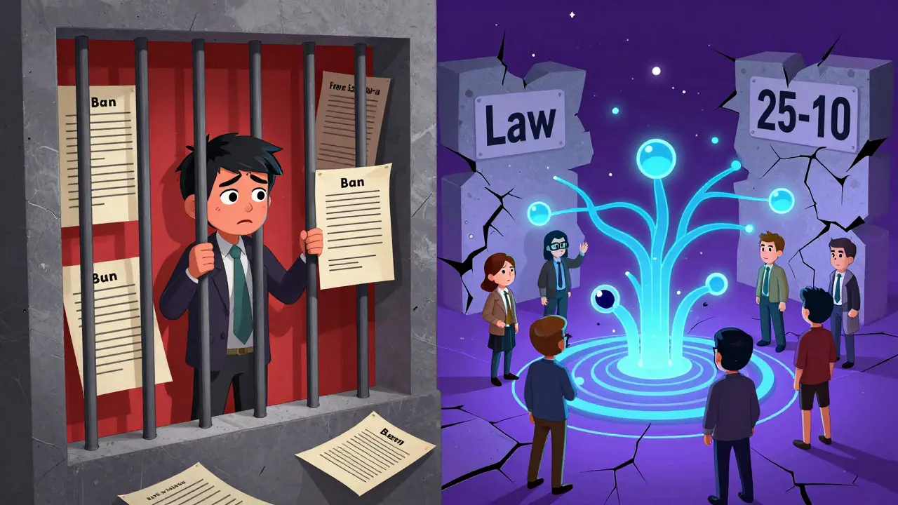 Cartoon showing legal risks vs tech-driven evasion of crypto ban