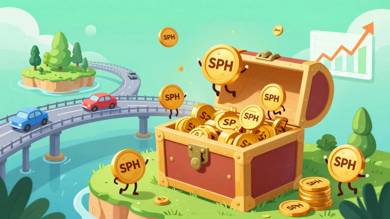 Cartoon SPH tokens jumping into a staking vault with a blockchain bridge in the background.