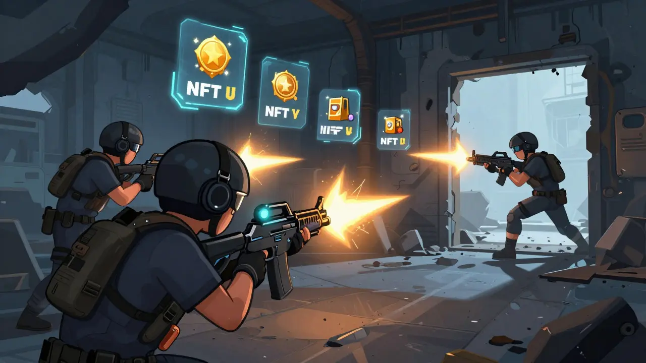 Cartoon style FPS battle scene with operators fighting over glowing NFT loot