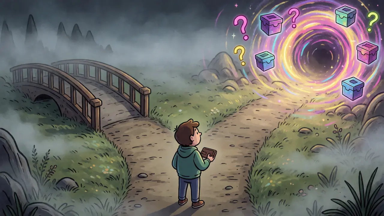 Character choosing between a stable path and a risky path of NFT loot boxes.