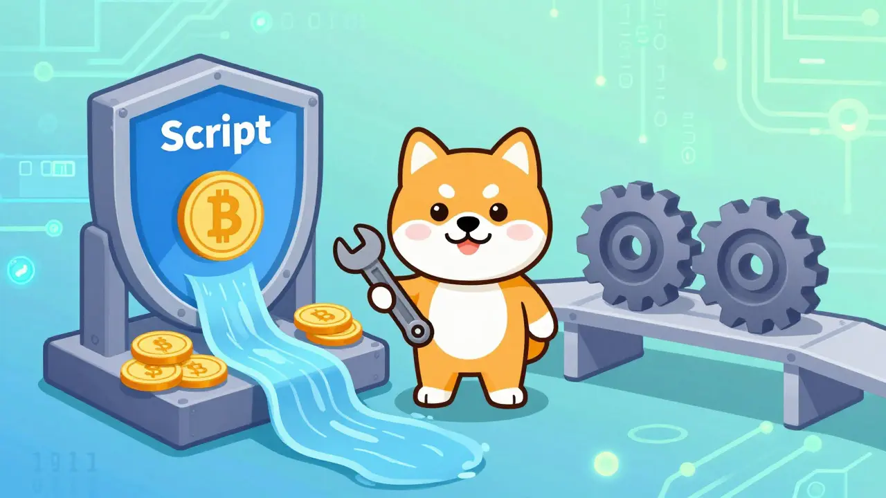 Dogecoin tech shield and merge-mining bridge, cartoon