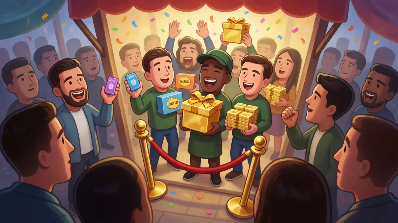 Exclusive VIP area behind velvet ropes with winners holding NFTs and tokens.