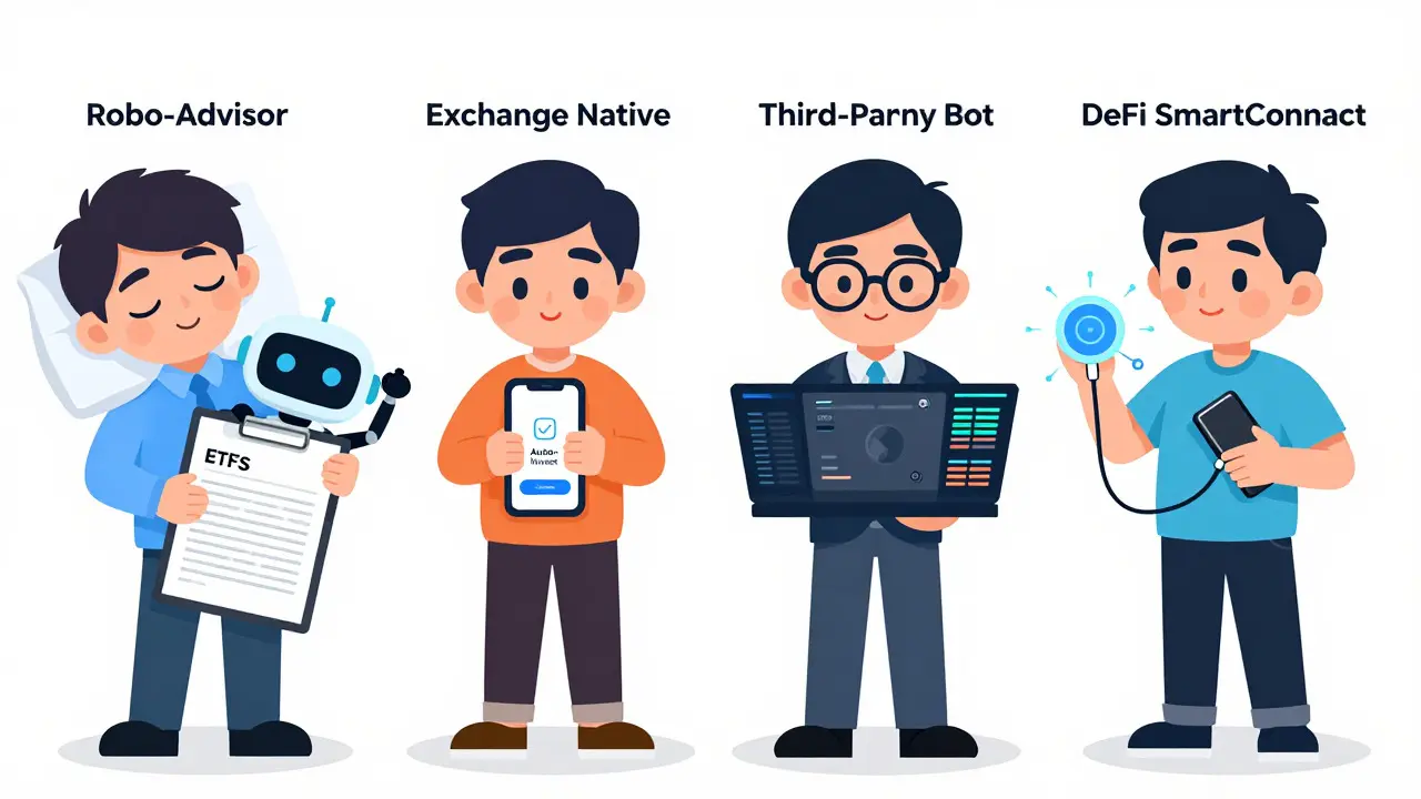 Four cartoon characters representing different DCA platform types