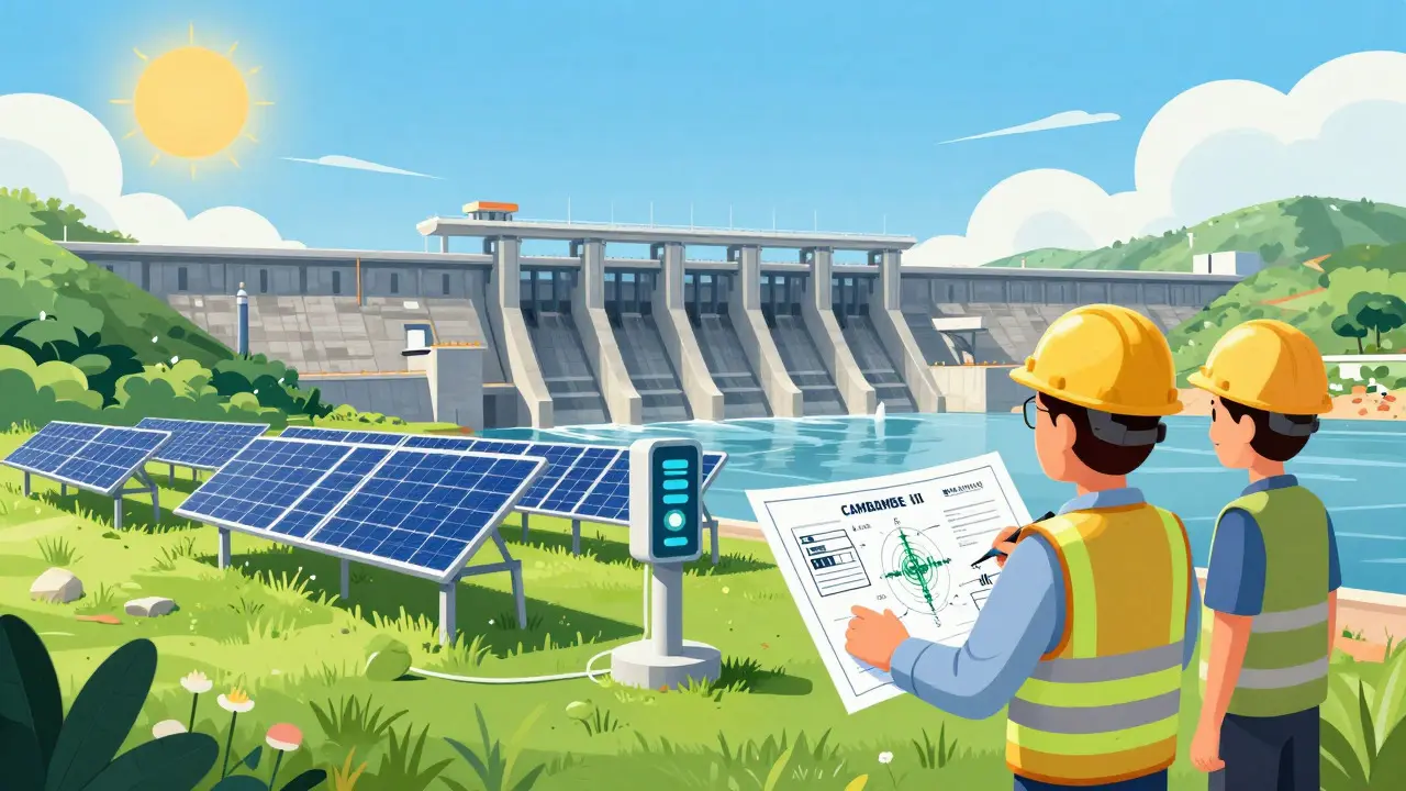 Future renewable energy dam and solar panels