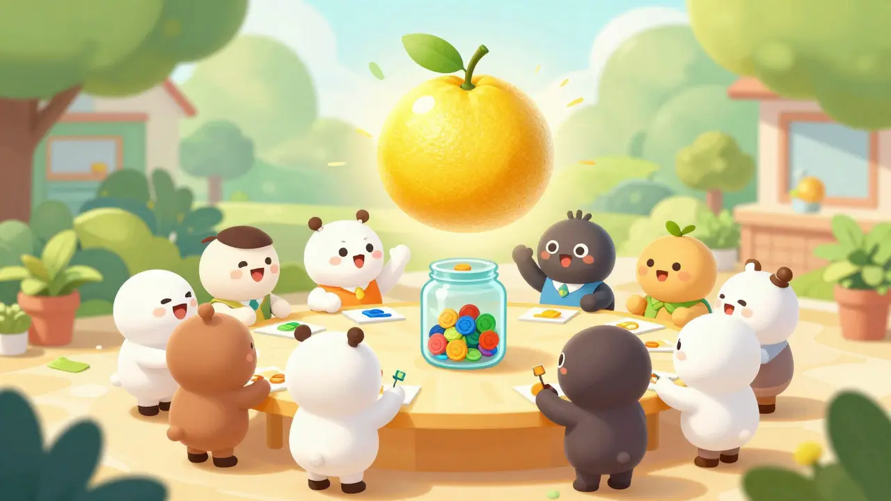 Group of cartoon characters voting with tokens around a table under a floating yuzu
