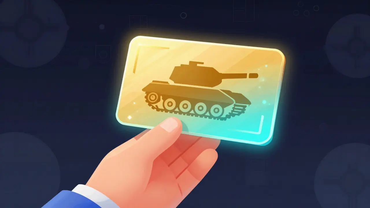 Hand reaching for a glowing holographic tank NFT card
