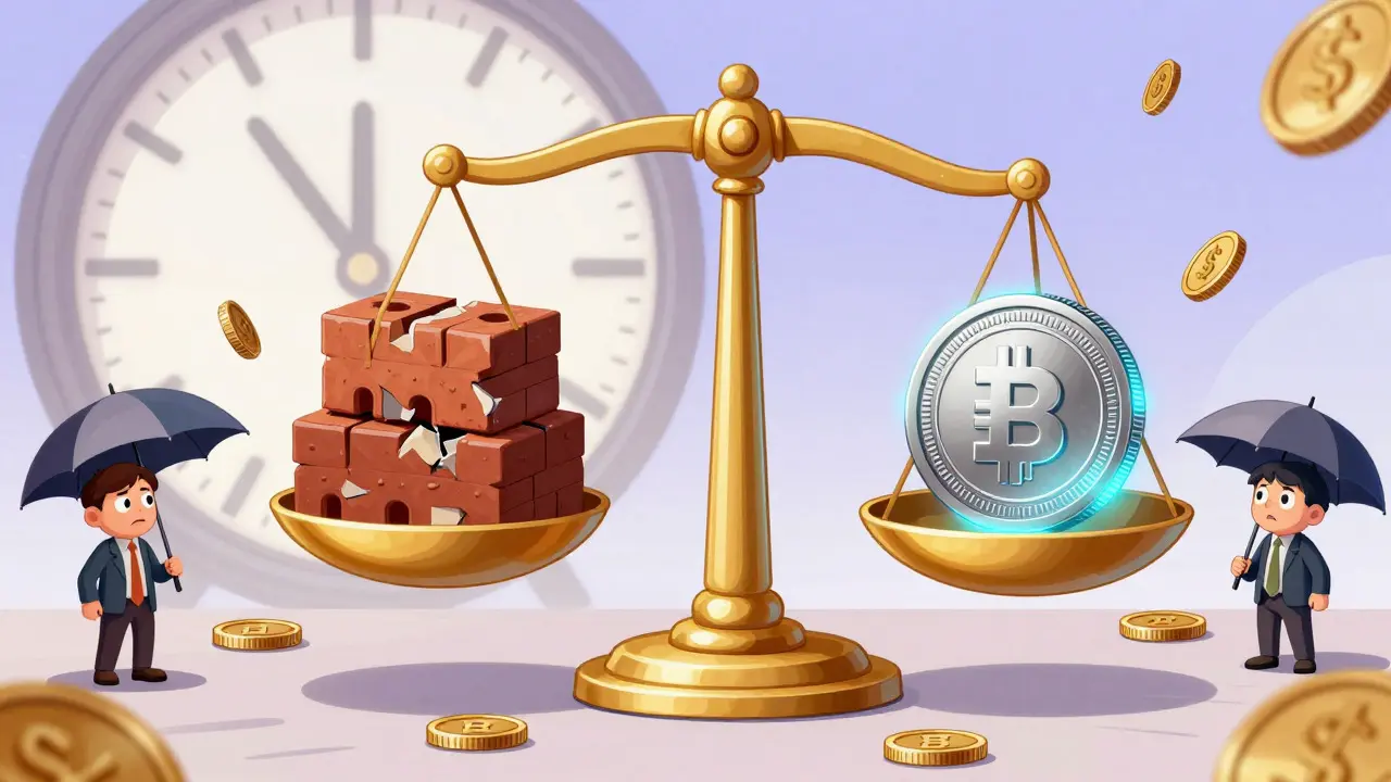 Illustration of a balance scale weighing unstable currency against a stable digital coin