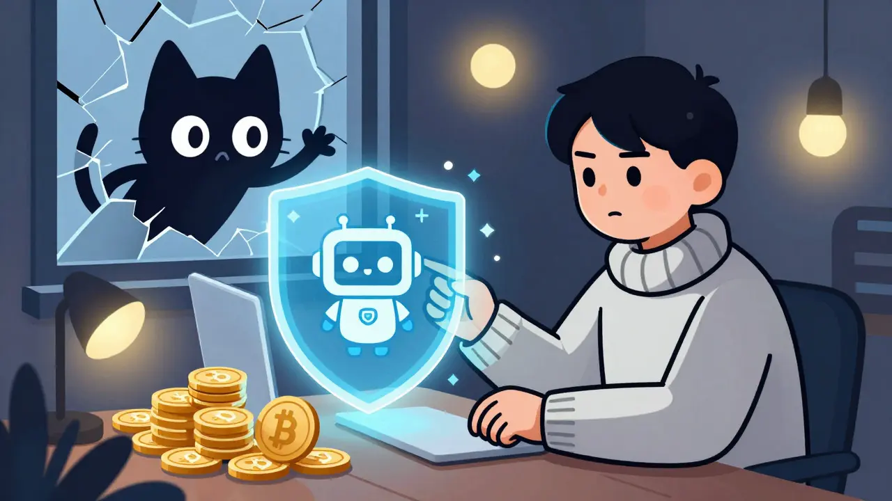 Illustration of a user securing a digital wallet against a sneaky phishing threat