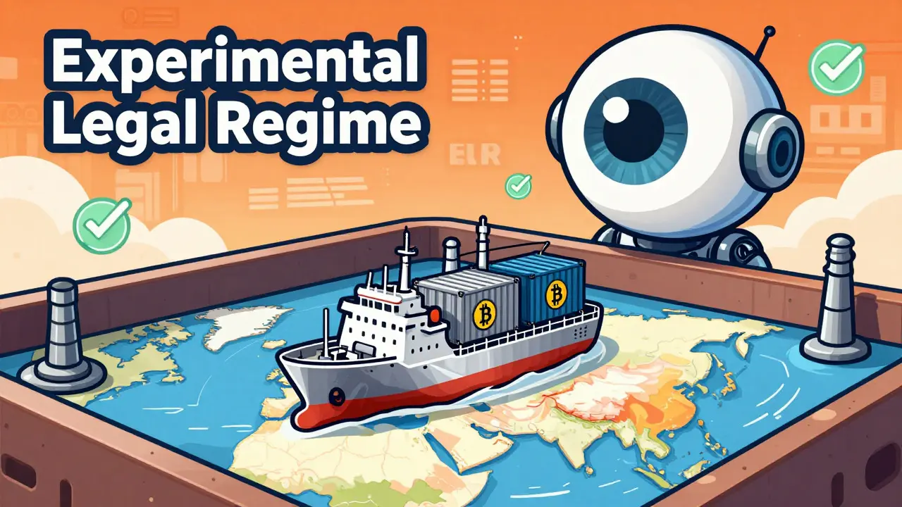 Illustration of regulated crypto trade sandbox with ships and oversight eye
