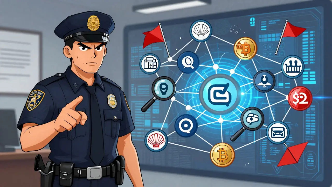 Illustration of US regulators investigating a web of crypto transactions and OTC brokers