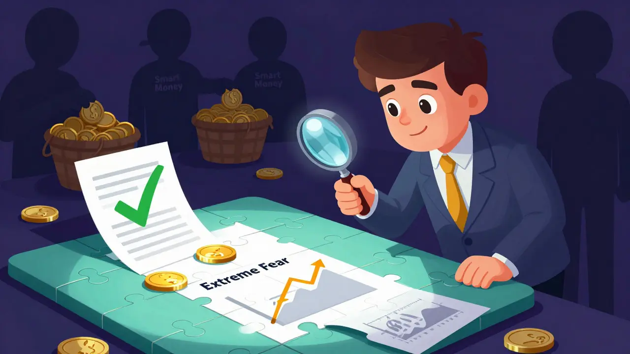Investor analyzing market signals with magnifying glass