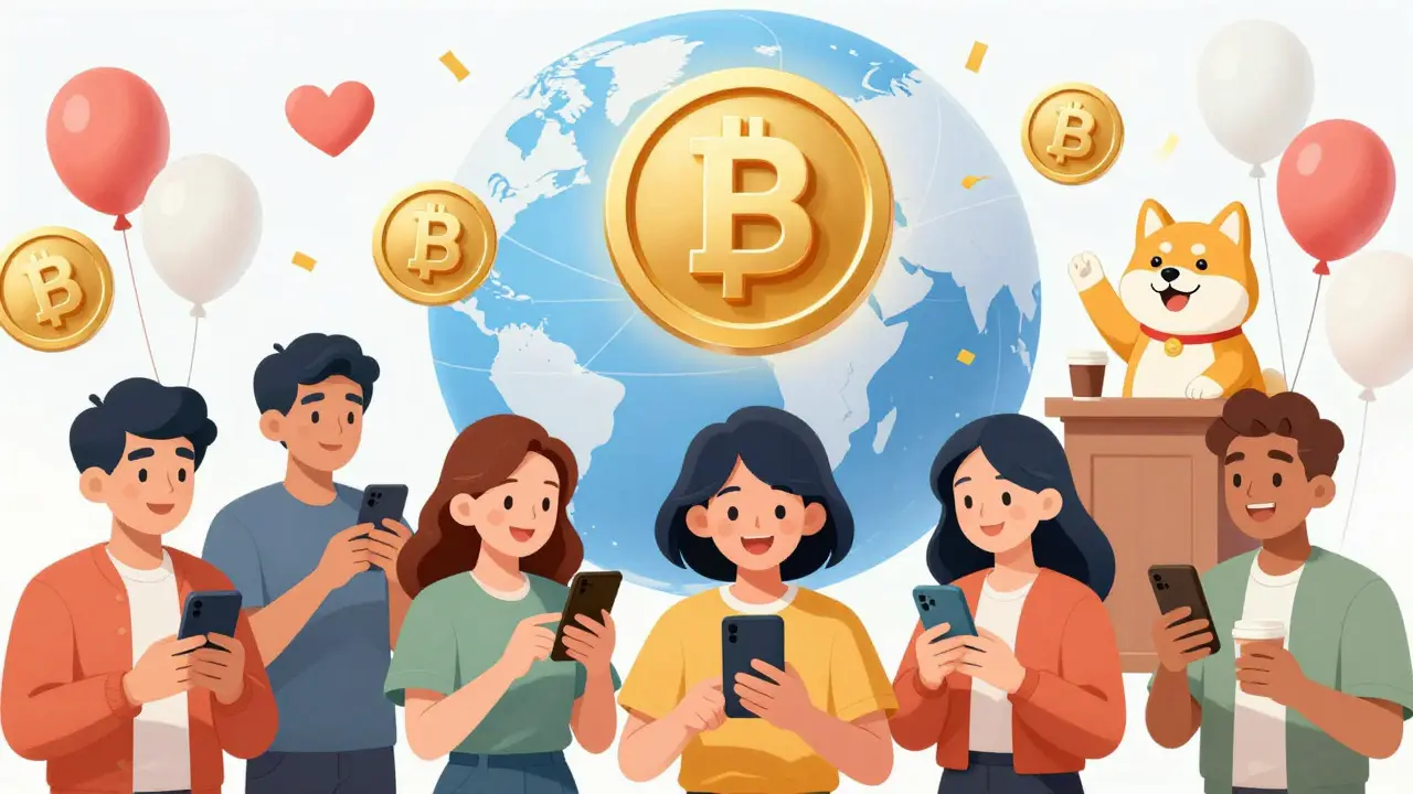 People tipping with Dogecoin, global celebration cartoon