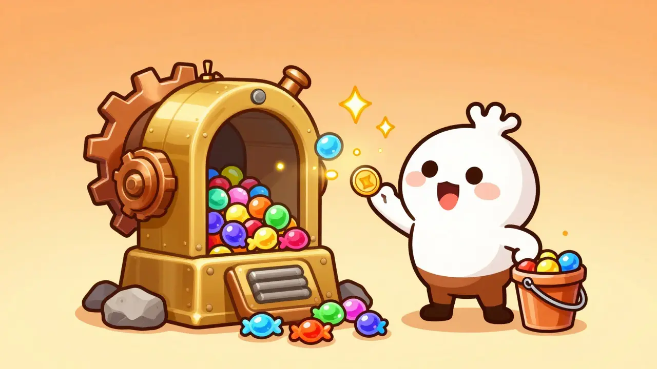 Playful cartoon character swapping tokens at a machine that releases glowing rewards