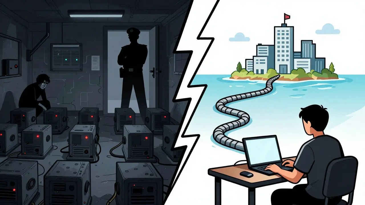 Split cartoon view of underground mining rigs and a user connecting to offshore exchanges