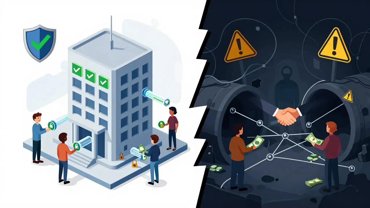 Split view comparing secure regulated banking with chaotic underground crypto trading