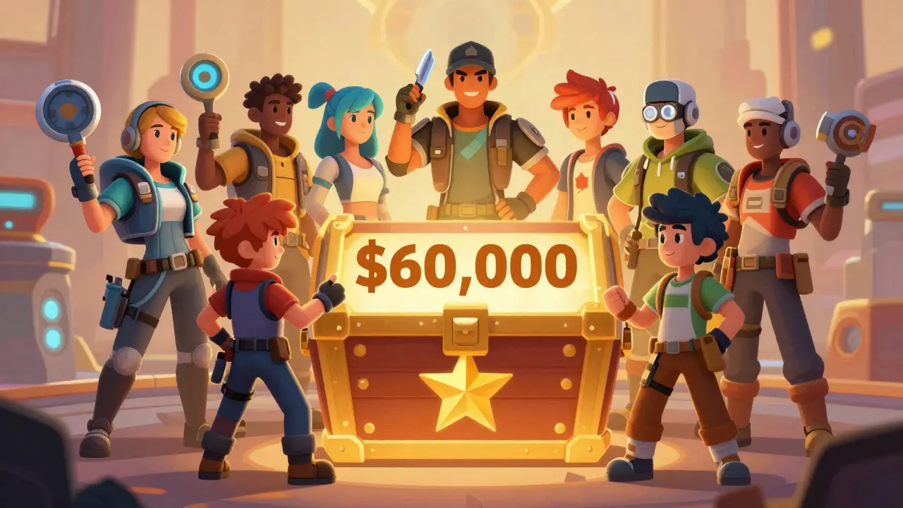 Stylized characters gathering around a glowing reward chest