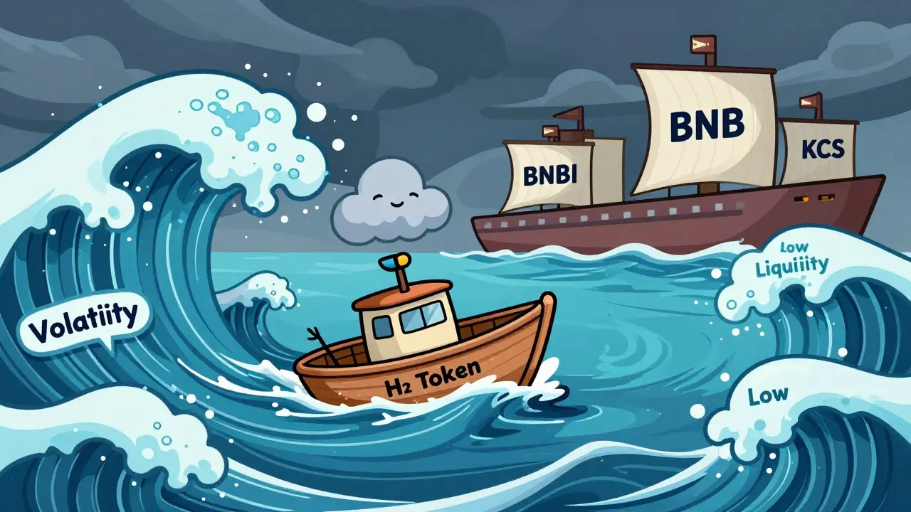 Tiny H2 token boat struggling in volatile crypto waters near larger ships