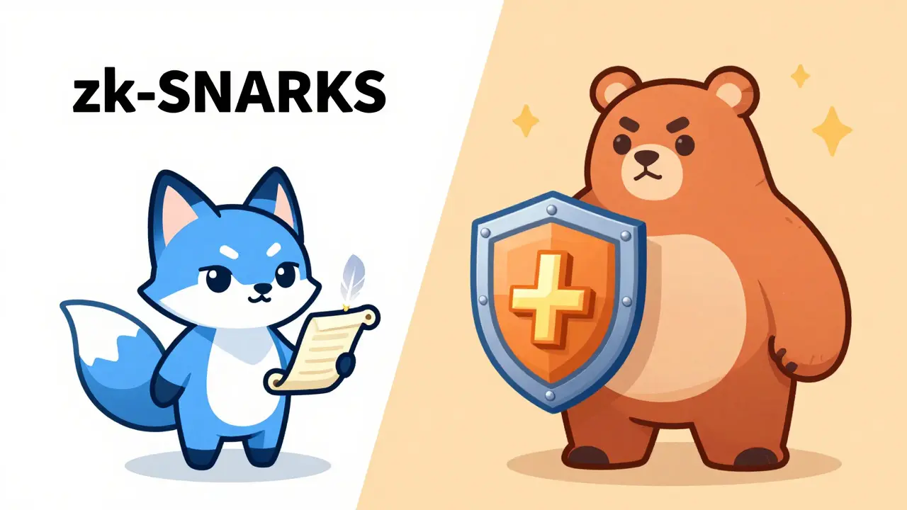 Two cartoon animals comparing a small scroll and a large shield, representing zk-SNARK vs zk-STARK