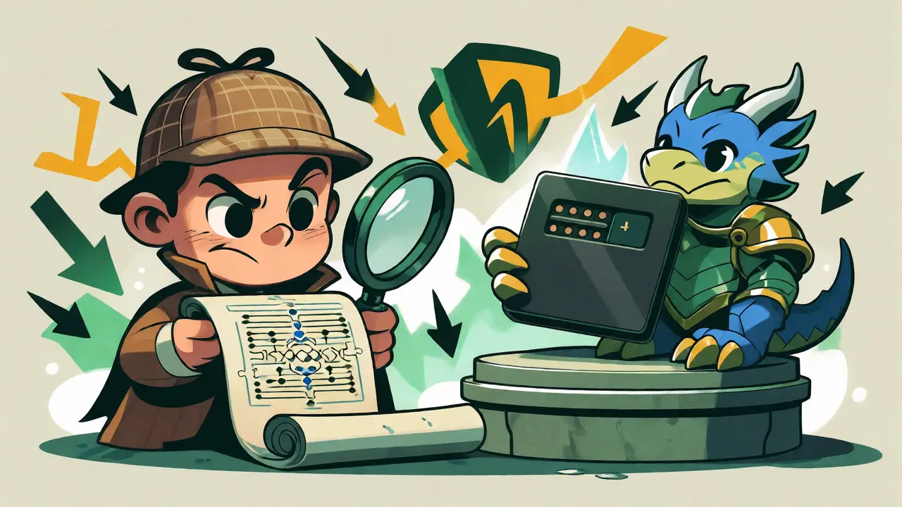 A detective investor examines a smart contract while a guardian protects a hardware wallet.