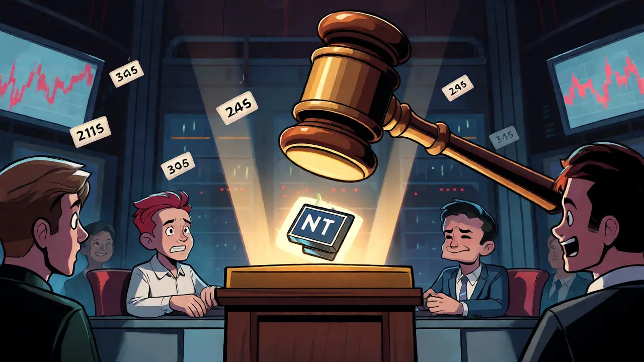 Animated auction scene with a gavel and dropping price tags over an NFT.