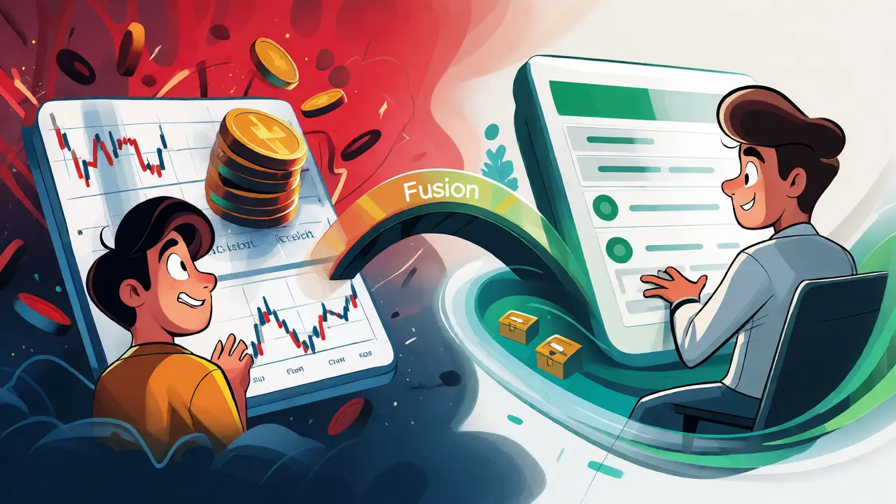 Cartoon comparison of complex high-fee trading versus a simple low-fee interface.