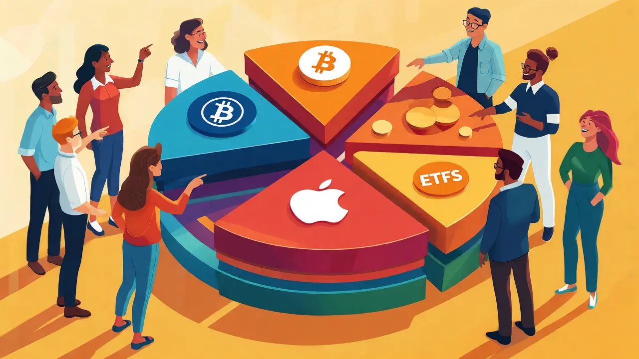 Cartoon depiction of investors viewing a multi-asset portfolio combining crypto, stocks, and metals.