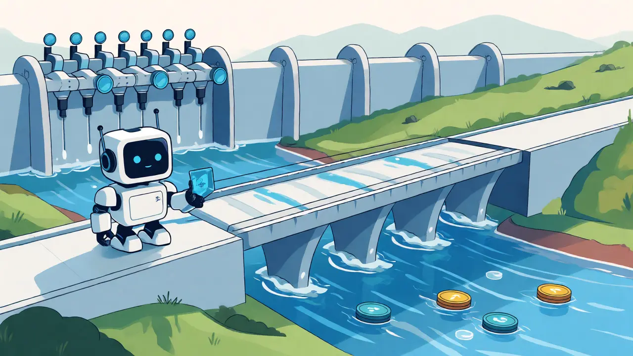Cartoon diagram showing Uniswap v2's simple full-range liquidity bridge versus complex v3 structures.