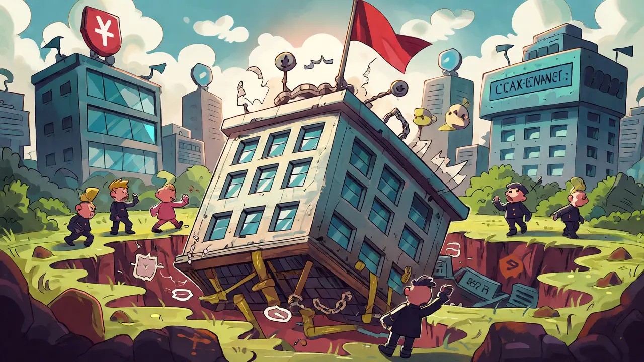 Cartoon exchange building sinking under regulatory and liquidity pressures.