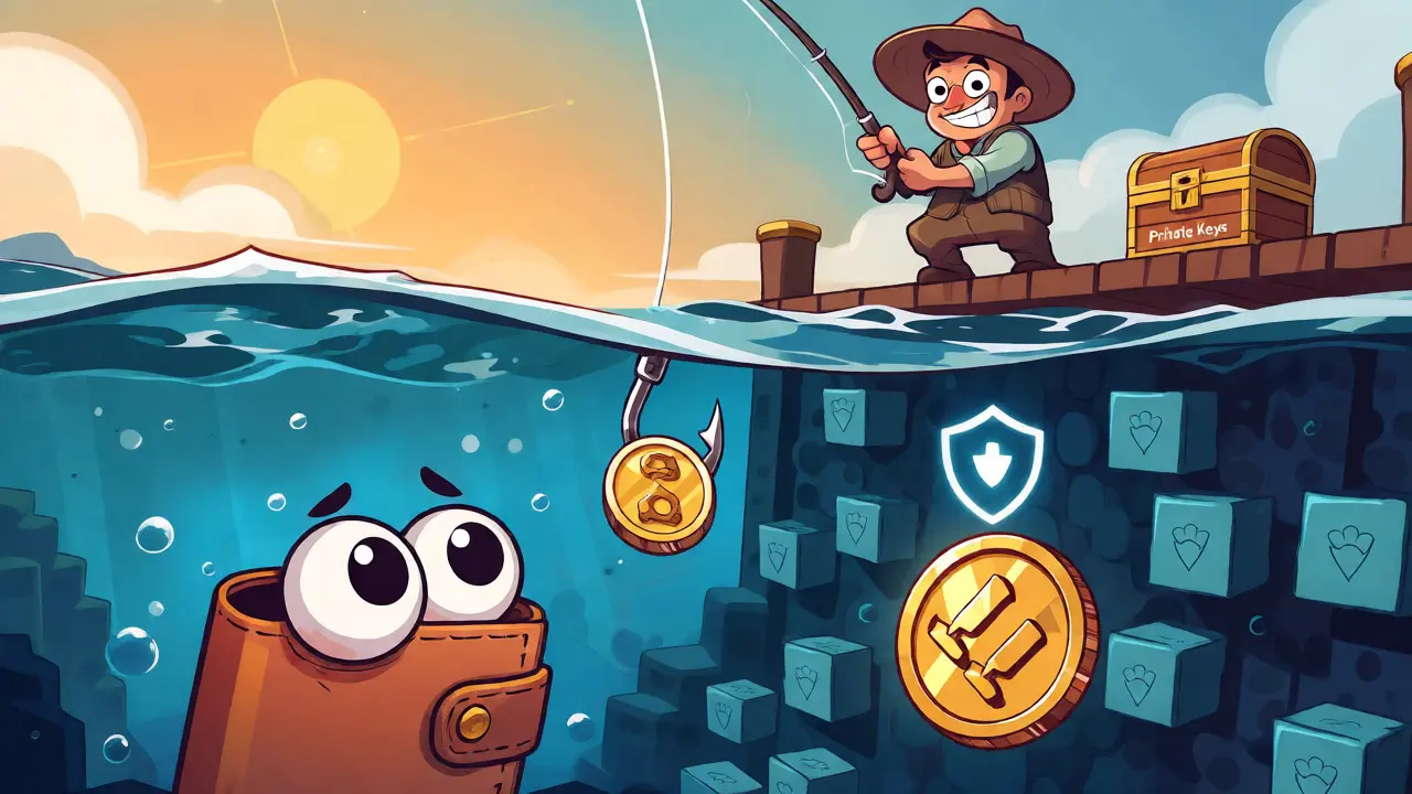 Cartoon fisherman luring a wallet character with a fake coin bait.